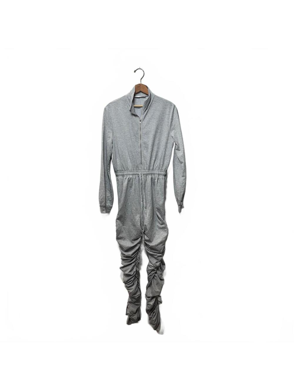 Young x Wild Heather Gray Ruched Jumpsuit Women's Size L Half Zip Drawstring